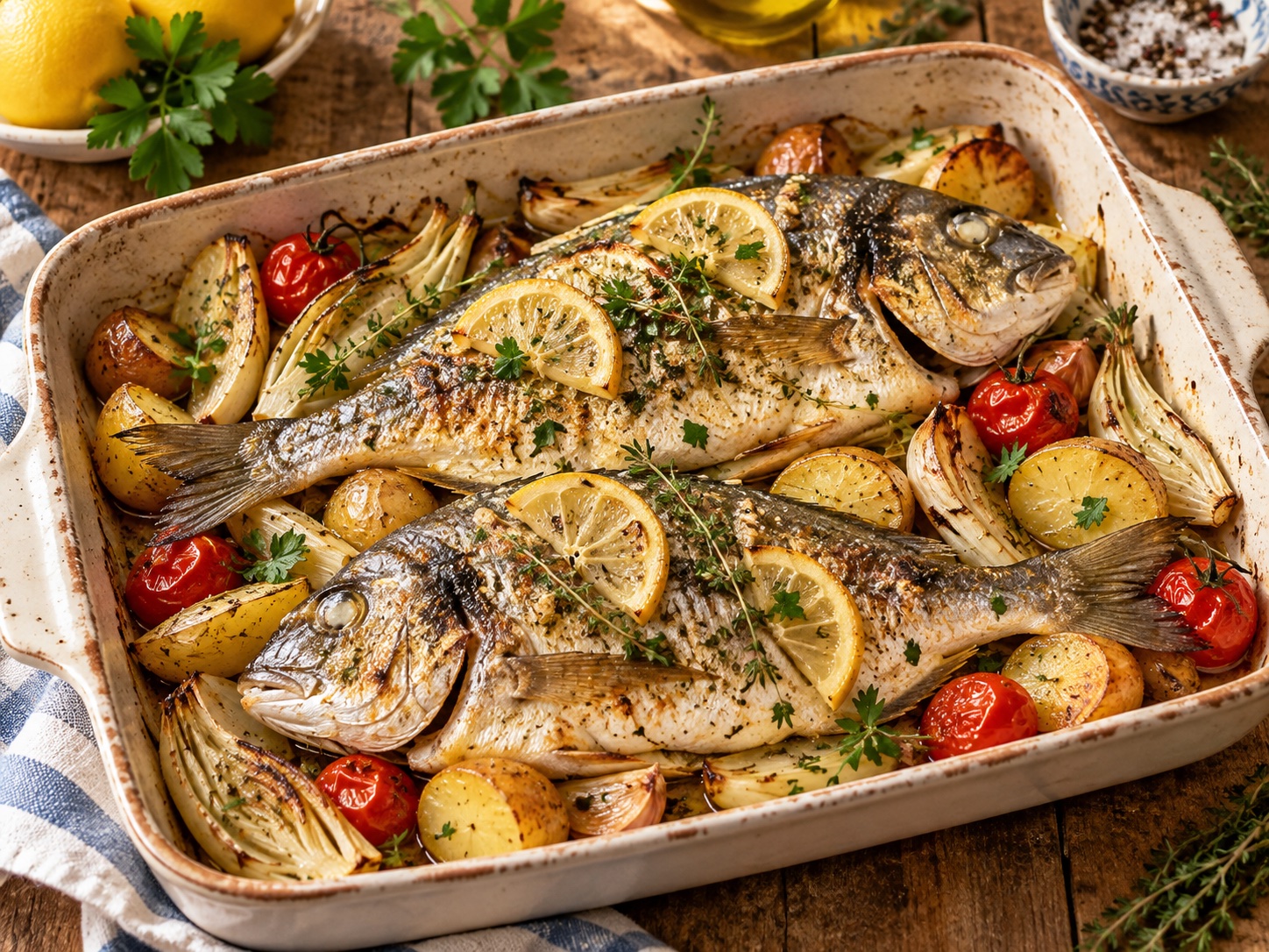 Goldbraun gebackene Dorade mit Zitrone, Kräutern, Kartoffeln und Fenchel in einer Ofenform