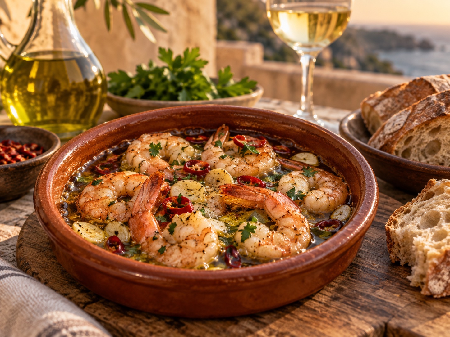 Spanische Garnelen in Olivenöl mit Knoblauch, Chili und Petersilie