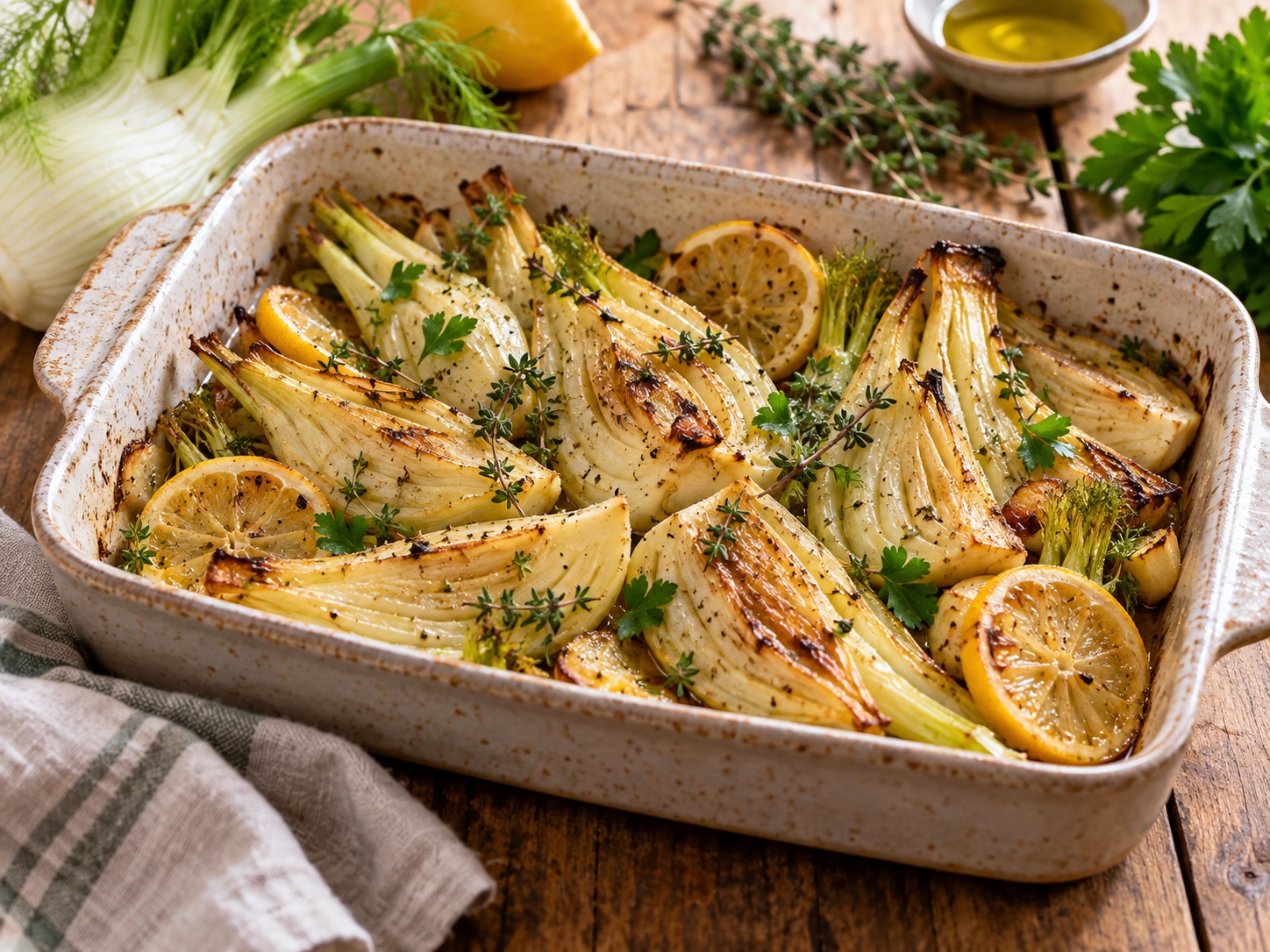 Goldbraun geröstete Fenchelspalten mit Zitrone, Kräutern und Knoblauch auf einem Blech