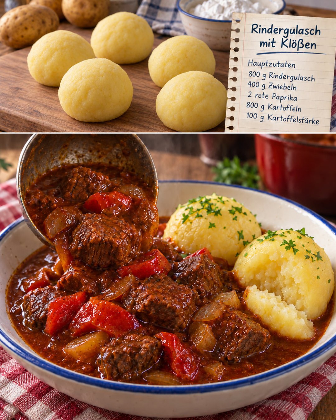 Illustration von Rindergulasch mit roter Paprika und zwei Kartoffelklößen in einer Schüssel