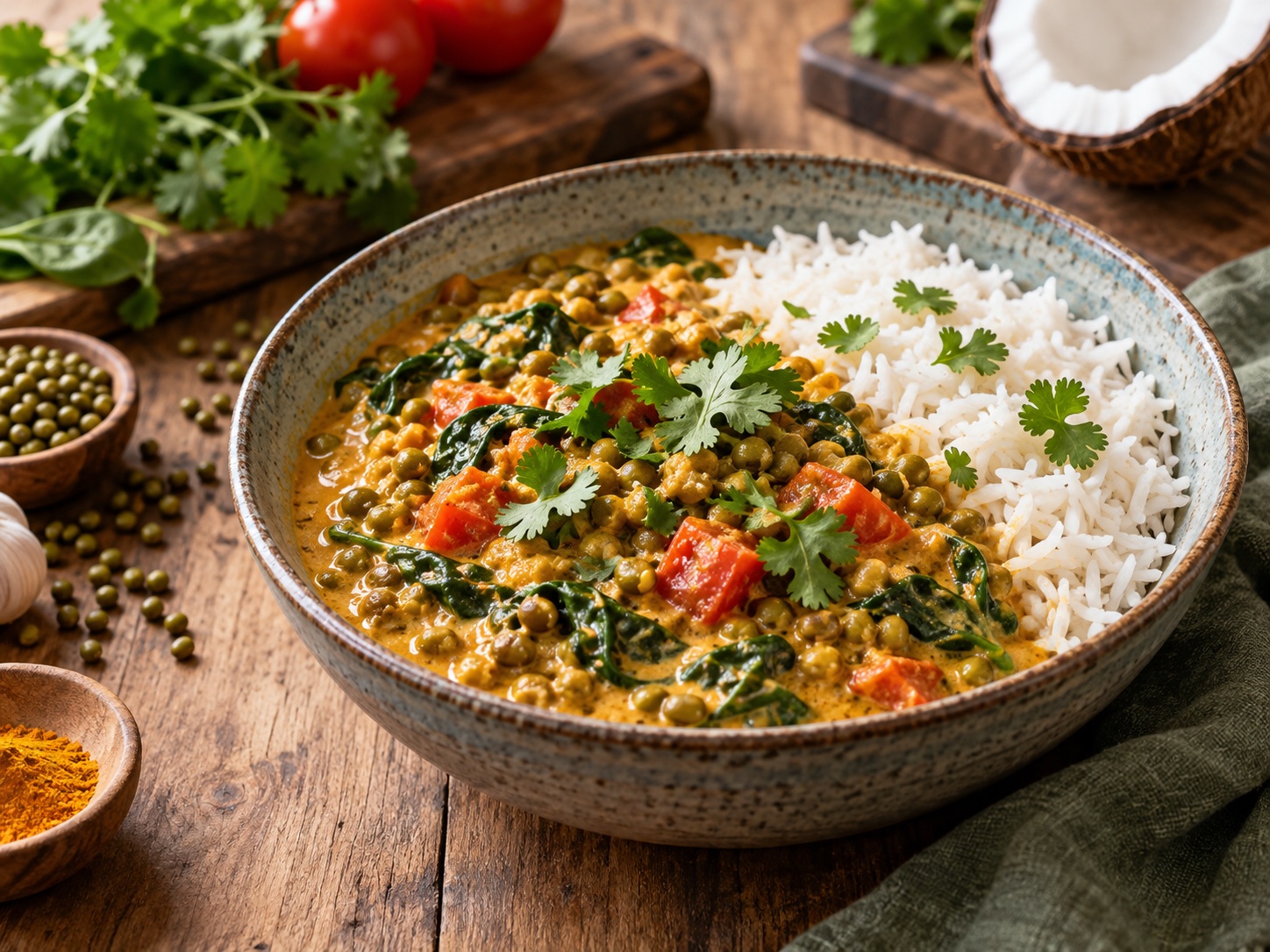 Cremiges Mungobohnen-Curry mit Tomaten und Spinat, serviert mit weißem Reis und Koriander
