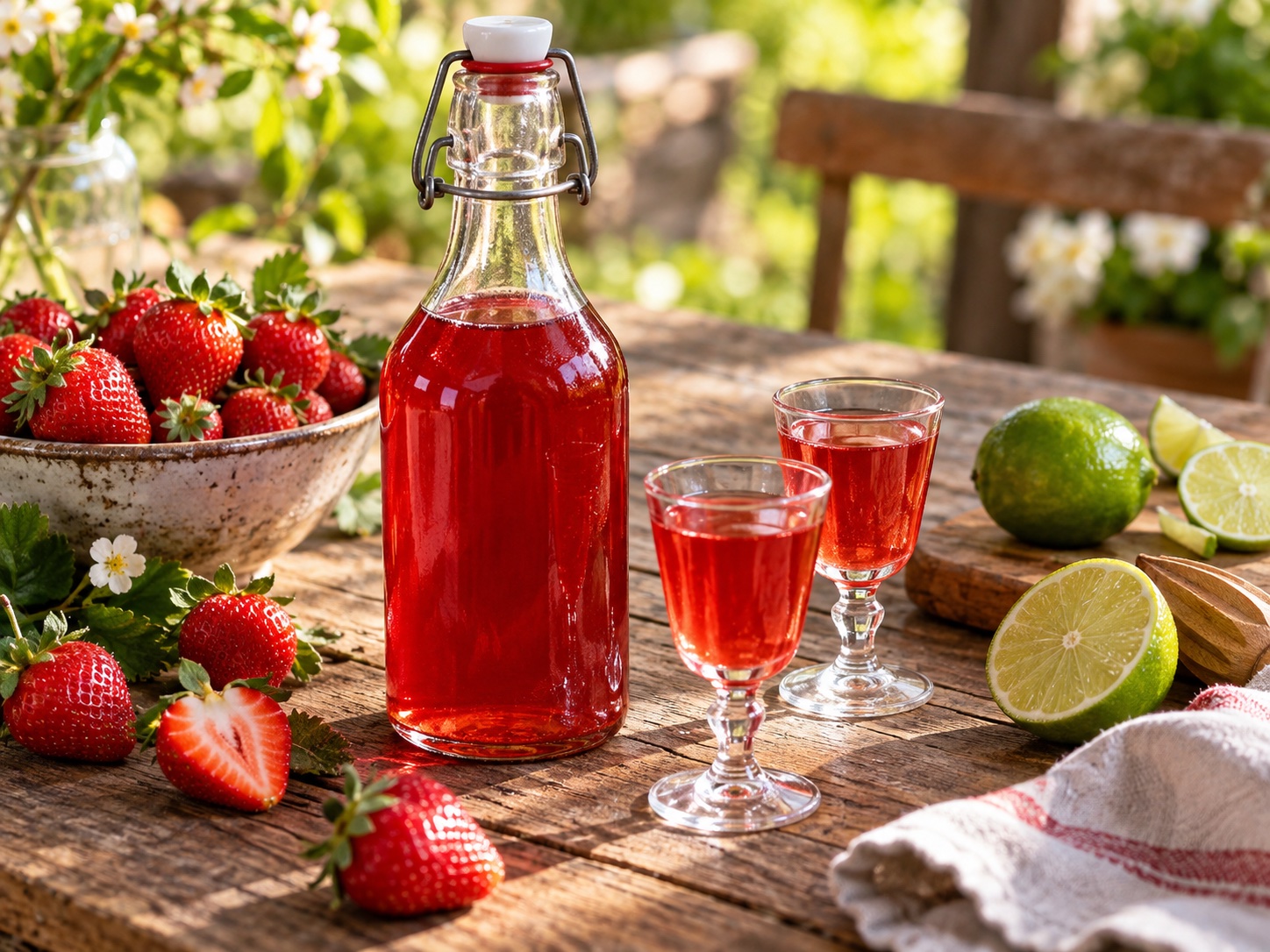 Roter Erdbeer-Limetten-Likör in einer Flasche mit frischen Erdbeeren und Limetten