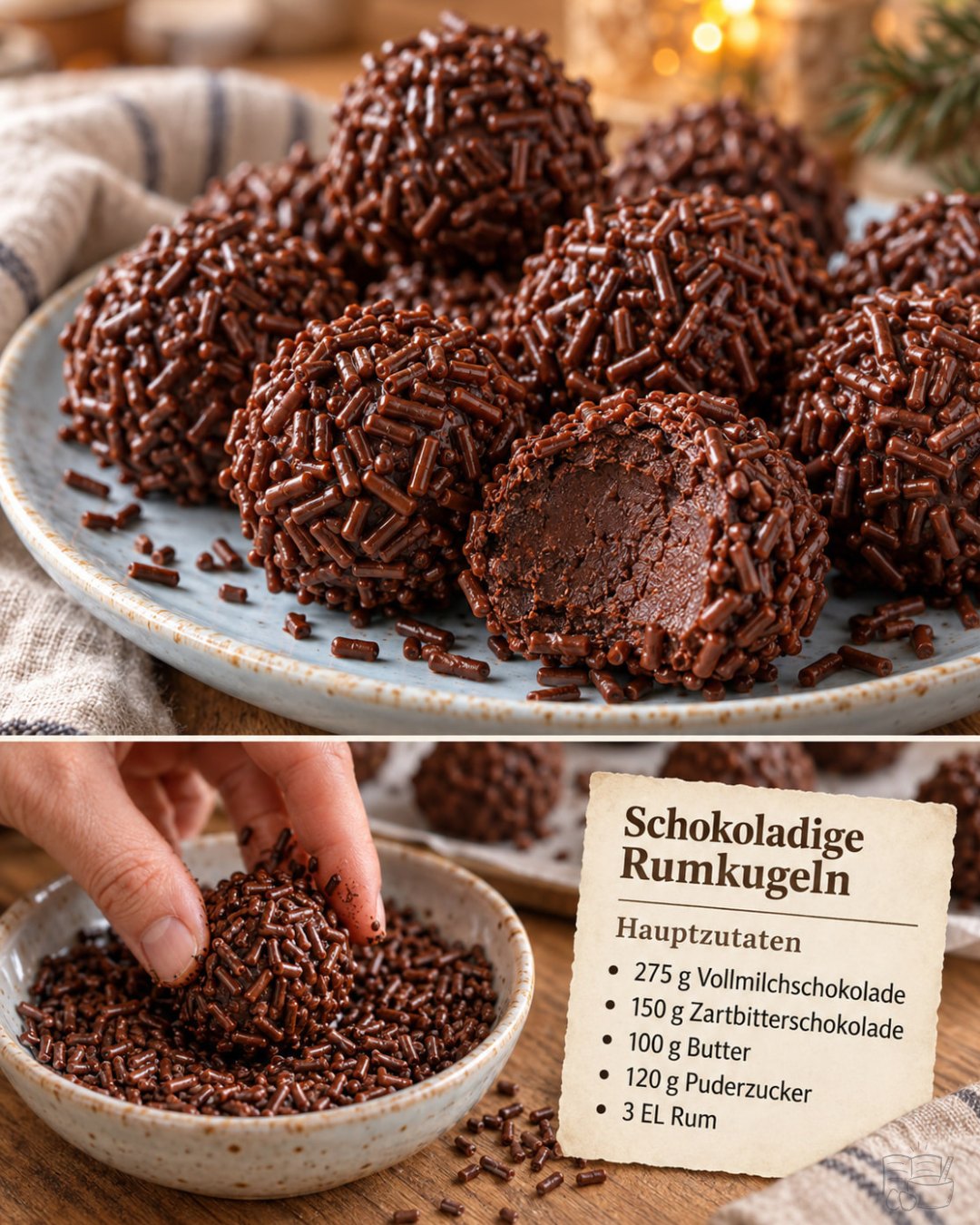 Illustration von Rumkugeln mit Schokoladenstreuseln auf einem Teller, eine aufgeschnitten