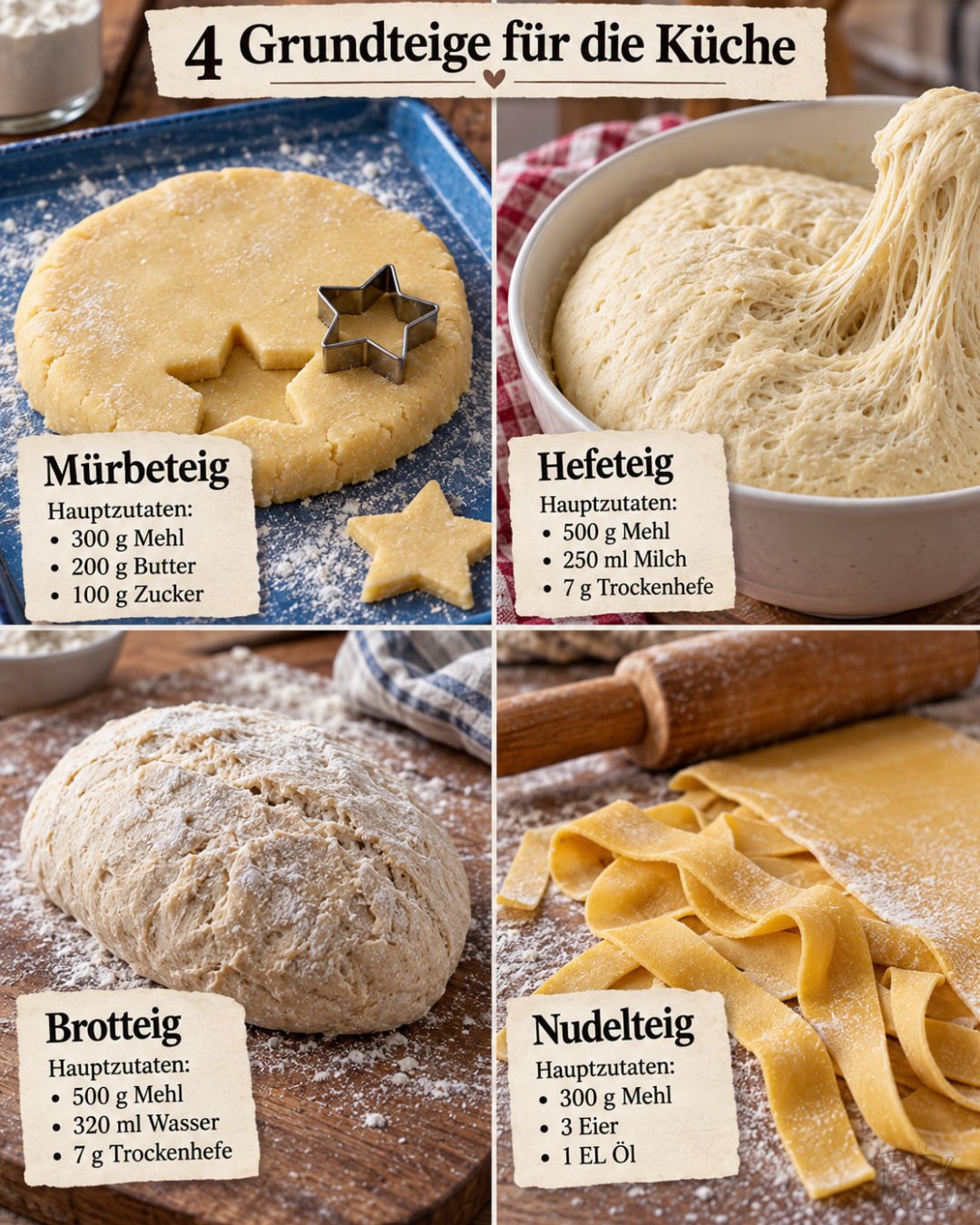 Illustration von vier Grundteigen: Mürbeteig mit Ausstecher, Hefeteig, Brotlaib und frische Bandnudeln