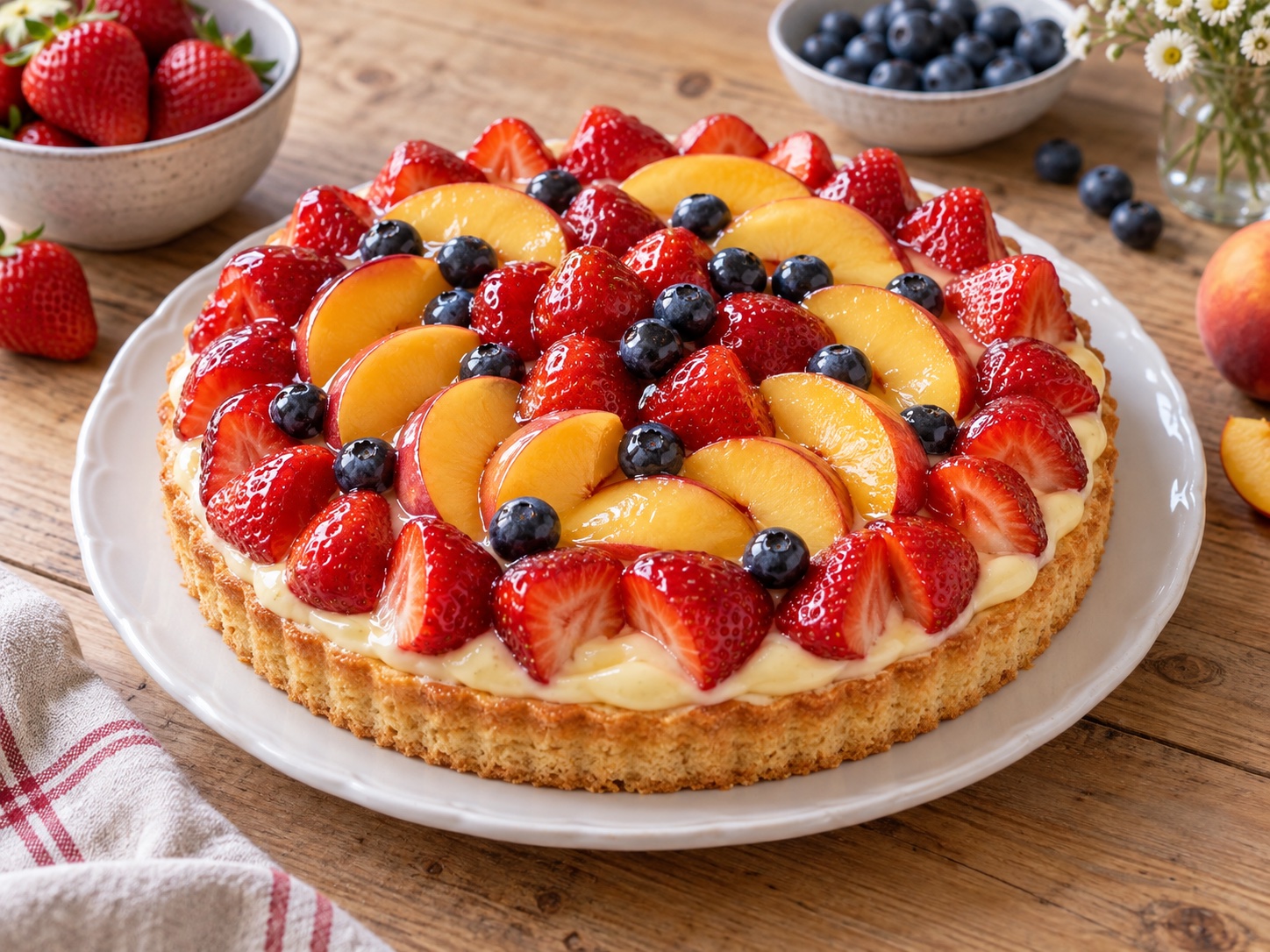 Obstboden mit Vanillecreme, Erdbeeren, Pfirsichen und Blaubeeren auf einem weißen Teller